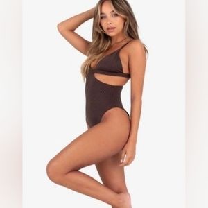 Kittenish Cut Out Brown Polka Dot One Piece Swim Suit